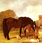 Watering Canvas Paintings - Horse and Foal watering at a trough